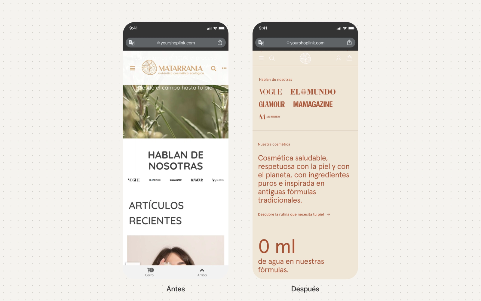 Zona de logos de prensa de la home de Matarrania en dos iPhones: la actual con los logos chicos y la rediseñada con los logos grandes y el bloque Nuestra cosmética