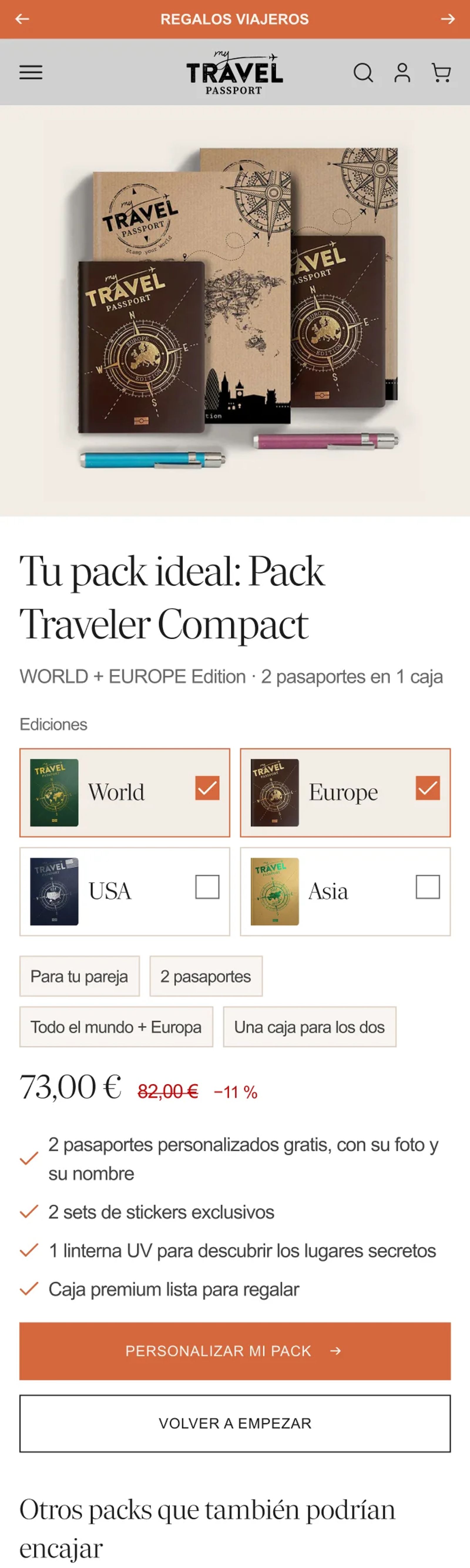 Resultado del quiz en mobile: pack Traveler Compact con selector de ediciones, precio con descuento y botones para personalizar el pack o volver a empezar