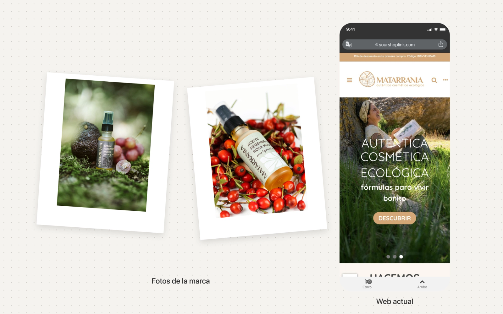 Dos fotos de producto de Matarrania junto a un iPhone con la home actual de su web, donde ese estilo de foto no aparece