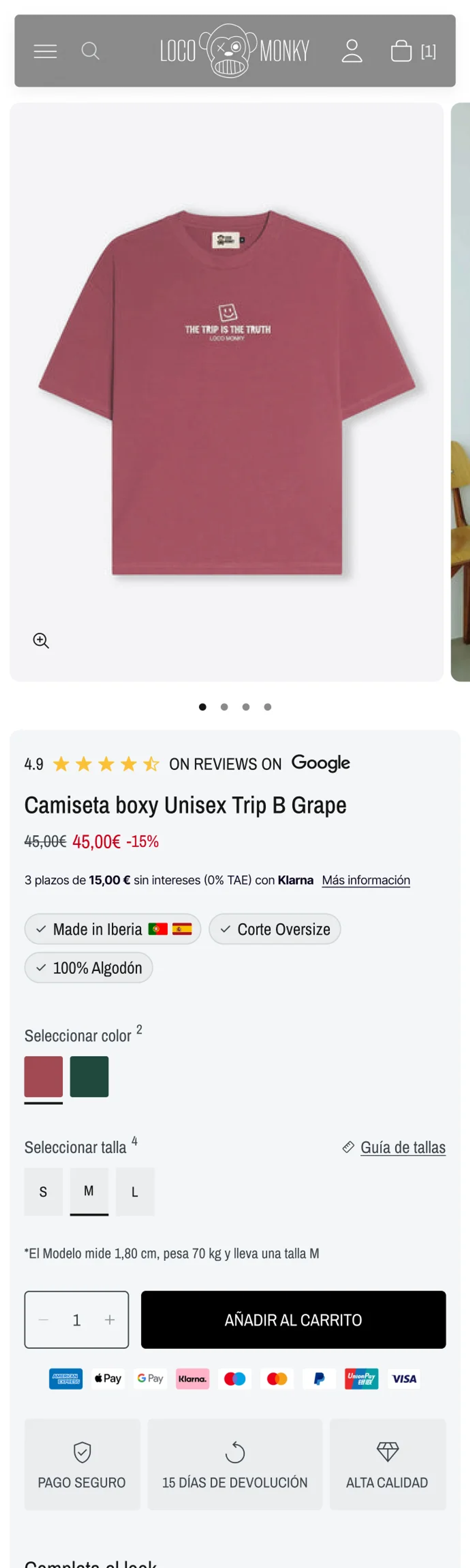 Ficha de producto en mobile: galería, selector de color y talla, guía de tallas, botón Añadir al carrito, medios de pago, «Completa el look» y reseñas de clientes
