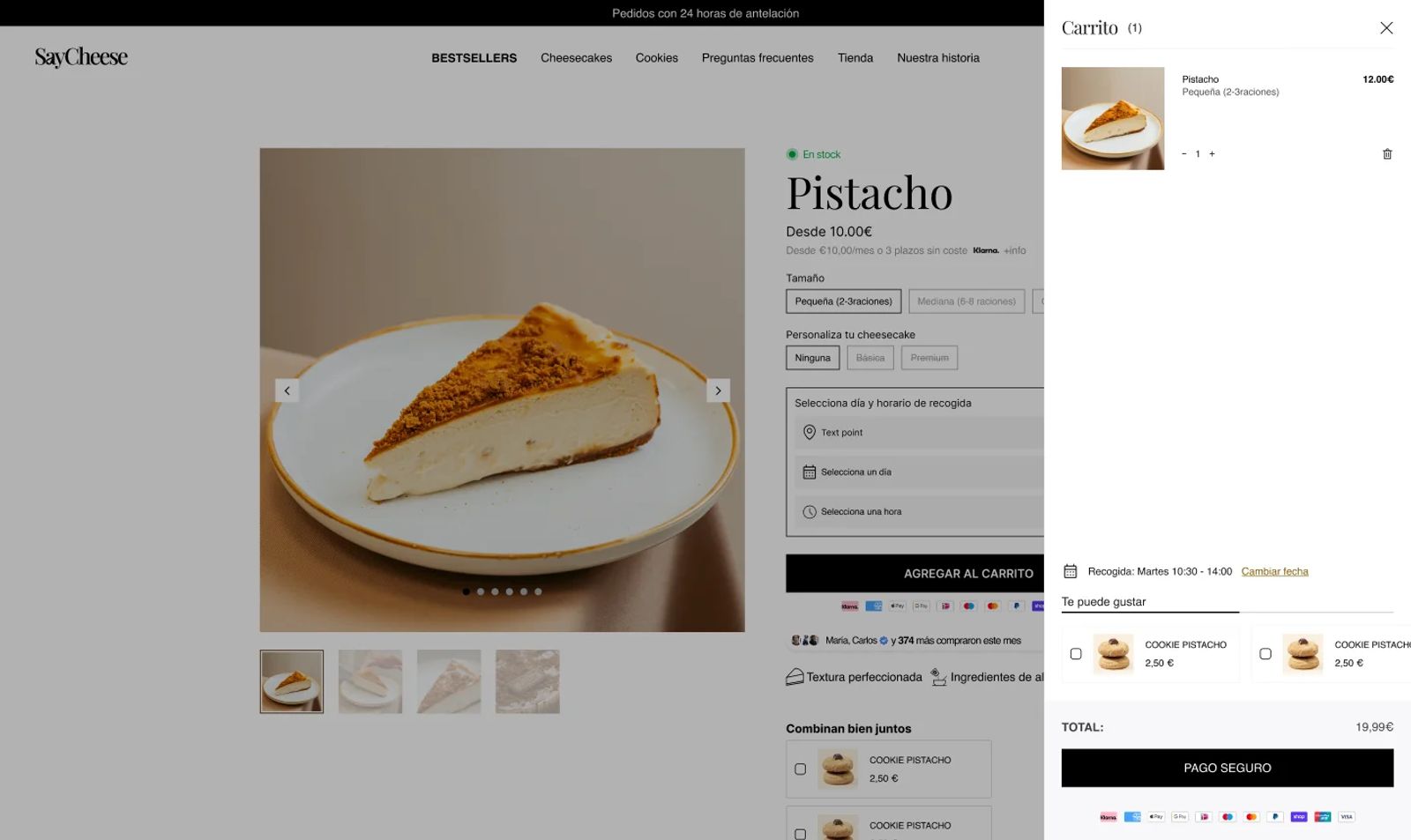 Carrito lateral: cheesecake de pistacho en tamaño pequeño, fecha de recogida con opción de cambiarla, sugerencias «Te puede gustar» y botón de pago seguro