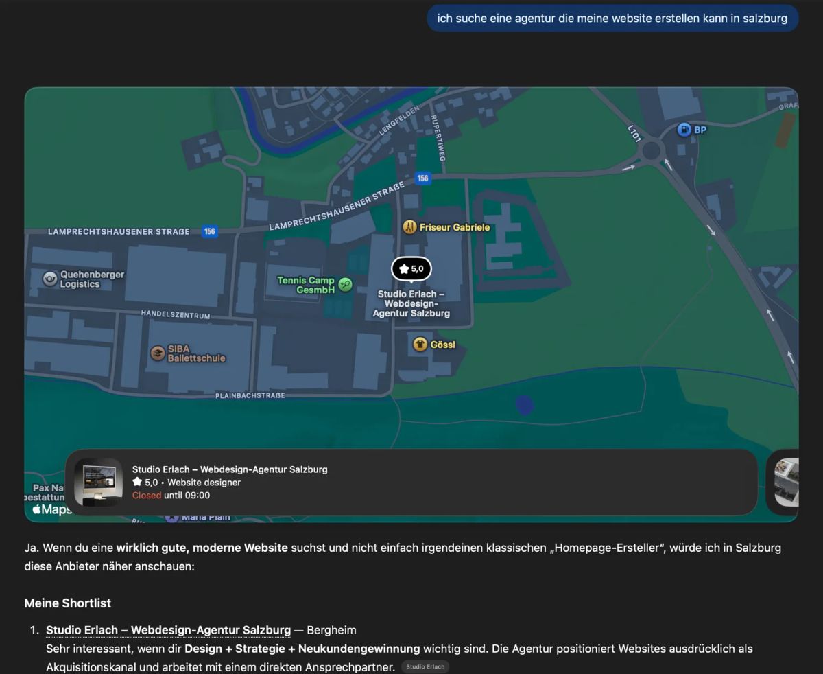 ChatGPT empfiehlt Studio Erlach als erste Agentur für eine Website in Salzburg, mit Karte und Begründung (7. Oktober 2026)