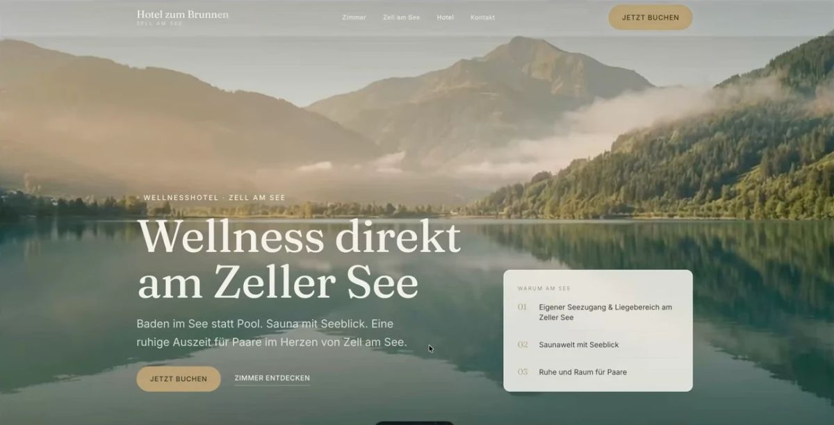 Erste Fassung einer mit KI erstellten Hotel-Website: Foto vom See, Überschrift „Wellness direkt am Zeller See“ und eine Karte mit drei Vorteilen
