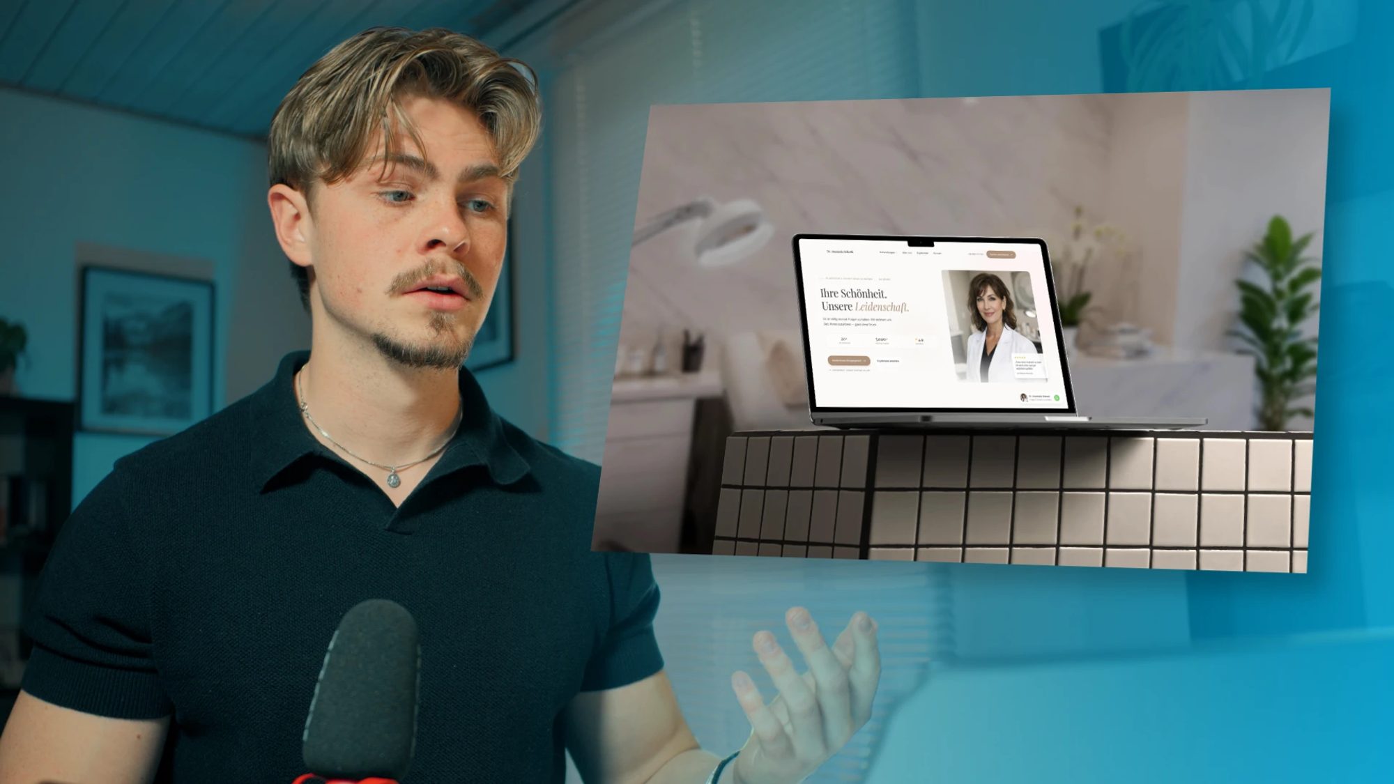 Website bringt keine Anfragen: Tobias Erlach zeigt auf eine Praxis-Website am Laptop