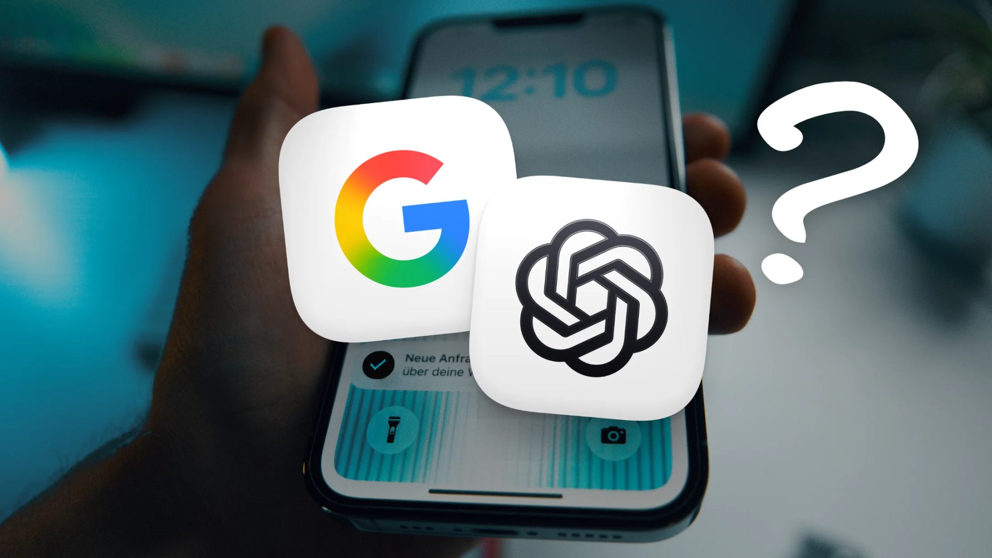 KI SEO: die Logos von Google und ChatGPT als App-Icons vor einem Handy mit neuer Anfrage, daneben ein Fragezeichen