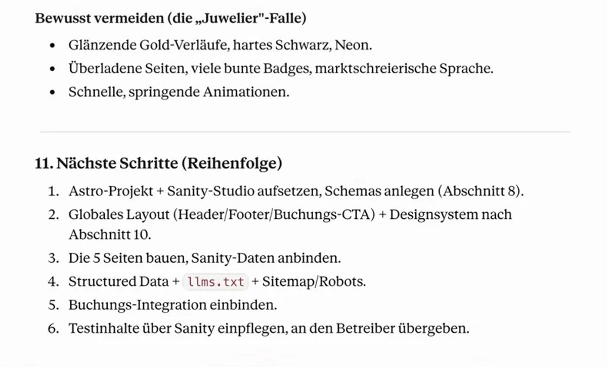 Website mit KI erstellen: Briefing für eine Hotel-Website mit Dingen, die bewusst vermieden werden, und den nächsten Schritten bis zu strukturierten Daten und Sitemap