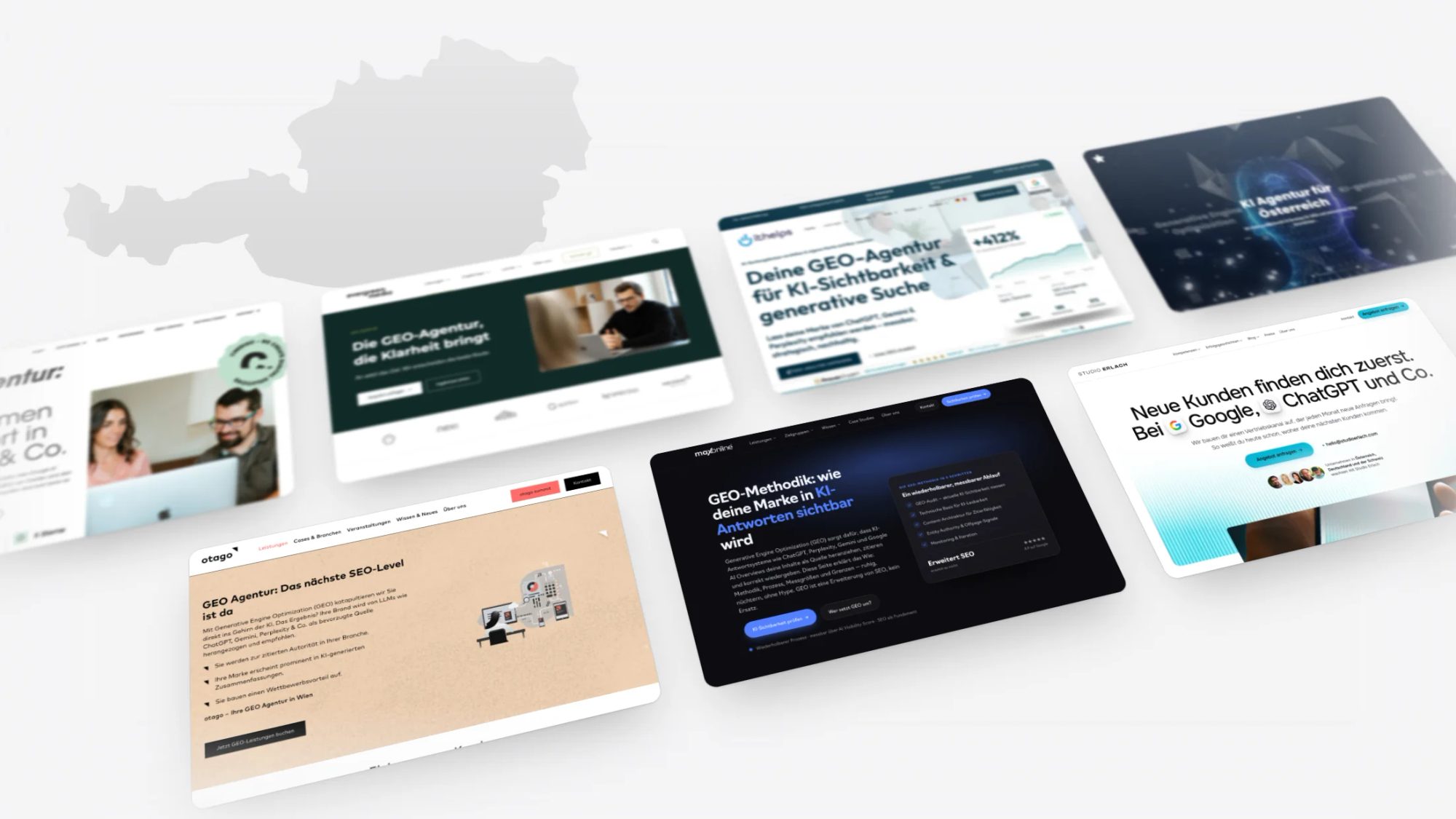 Beste GEO-Agentur Österreich: die Seiten der sieben verglichenen Agenturen vor der Landesform Österreichs