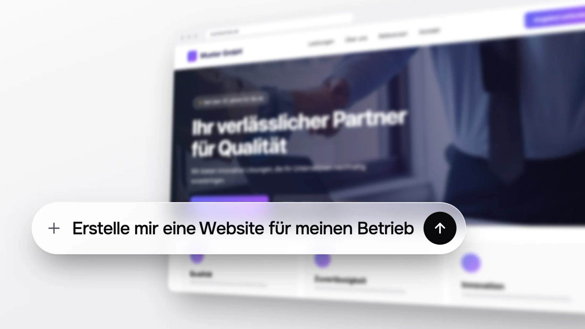 Website mit KI erstellen: Eingabefeld mit dem Prompt „Erstelle mir eine Website für meinen Betrieb“ vor einer generierten Website