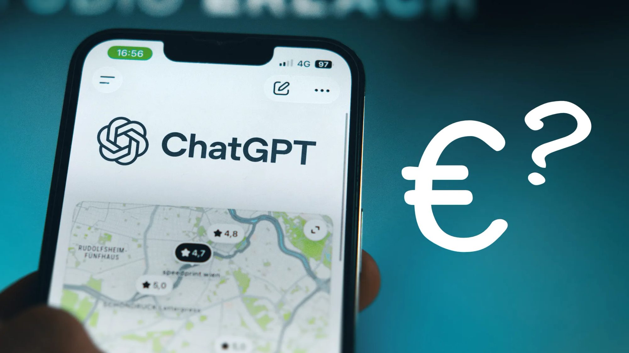 GEO-Optimierung Kosten: Handy mit ChatGPT und einer Karte, daneben ein Euro-Zeichen mit Fragezeichen