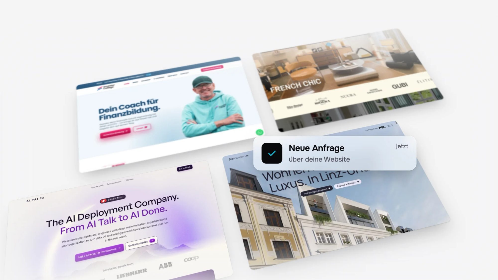 Webdesign-Agentur oder Freelancer: vier Websites von Studio Erlach und die Mitteilung „Neue Anfrage“