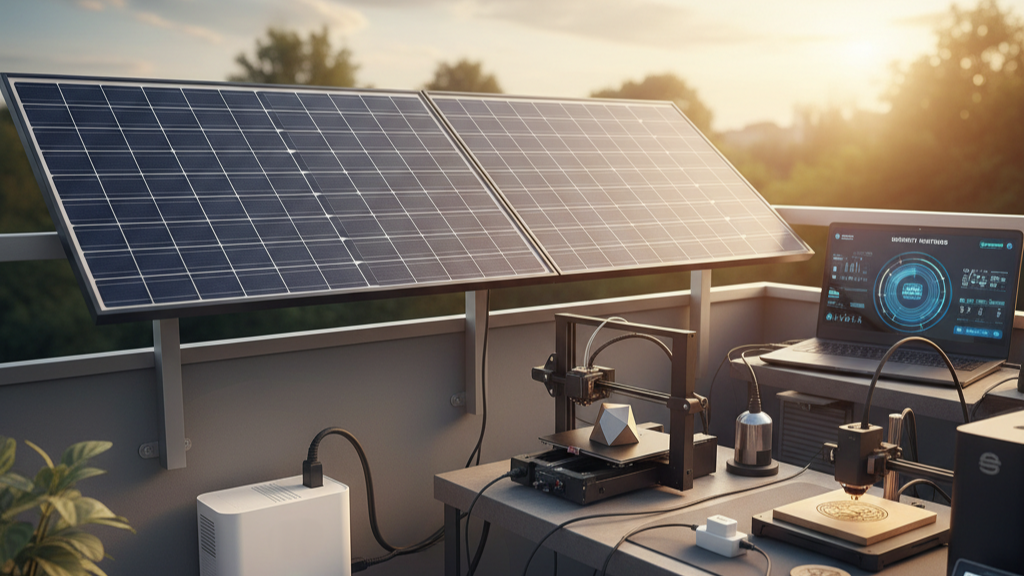 Balkonkraftwerk Symbolbild mit 3D Drucker und Laptop