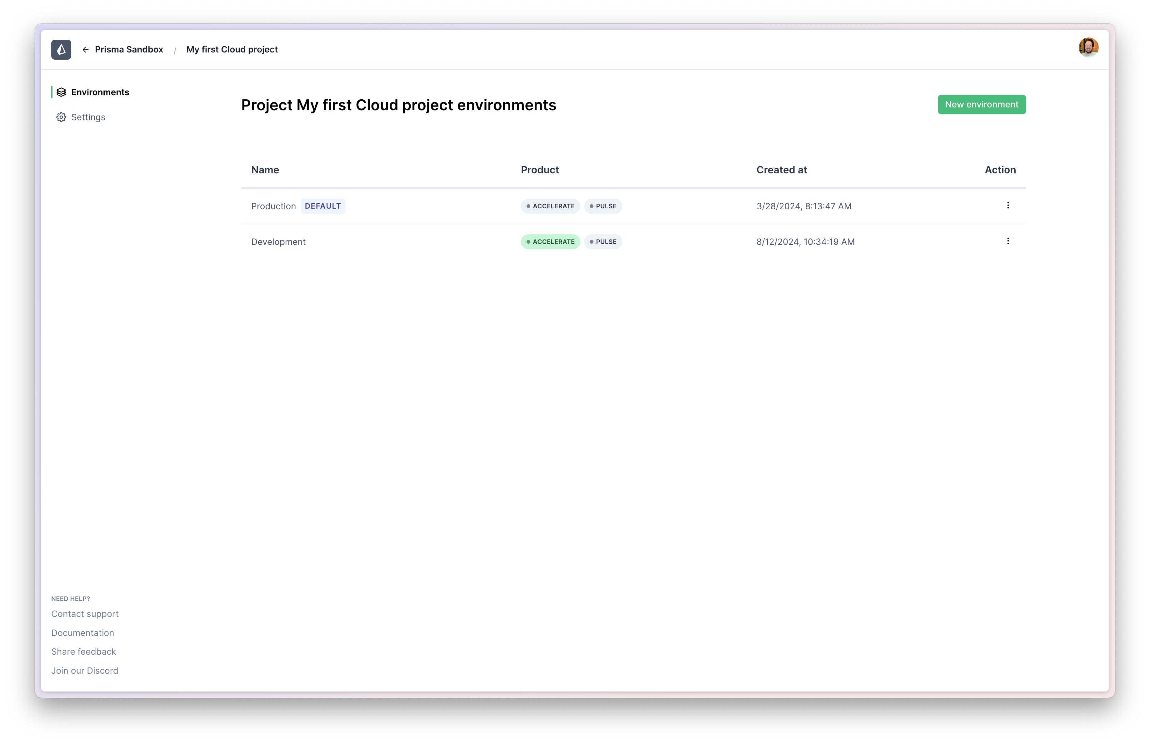 An image showing the Prisma Data Platform and specifically a project titled "My first cloud project". There is a green "New environment" button on the top right.