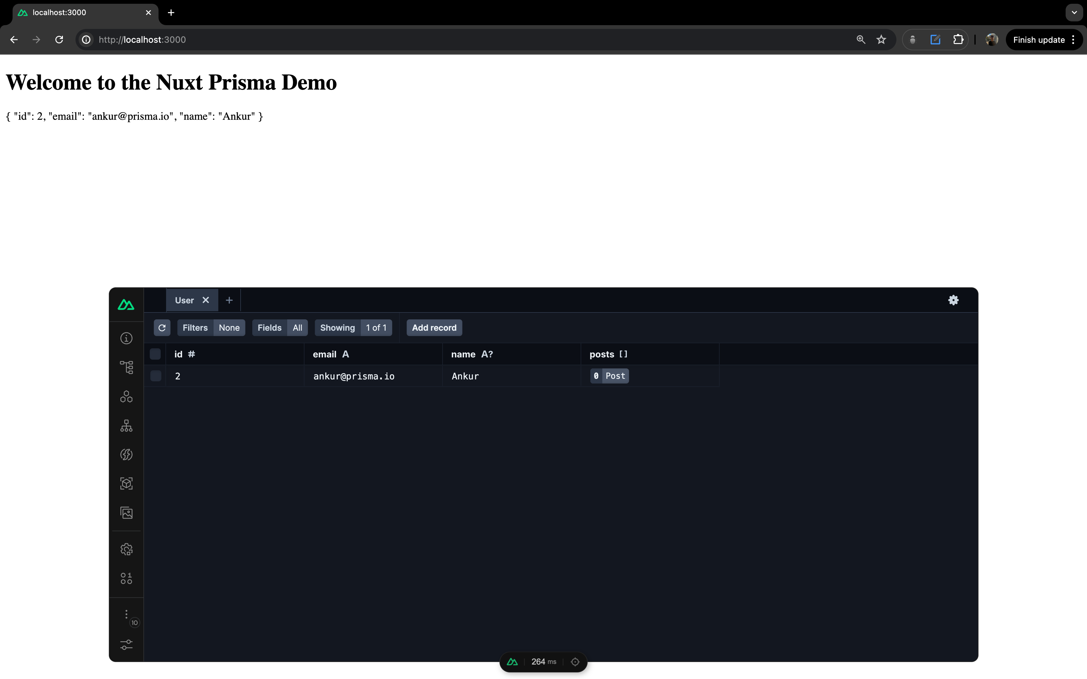 User details being shown on a JSON format while Prisma Studio is still open