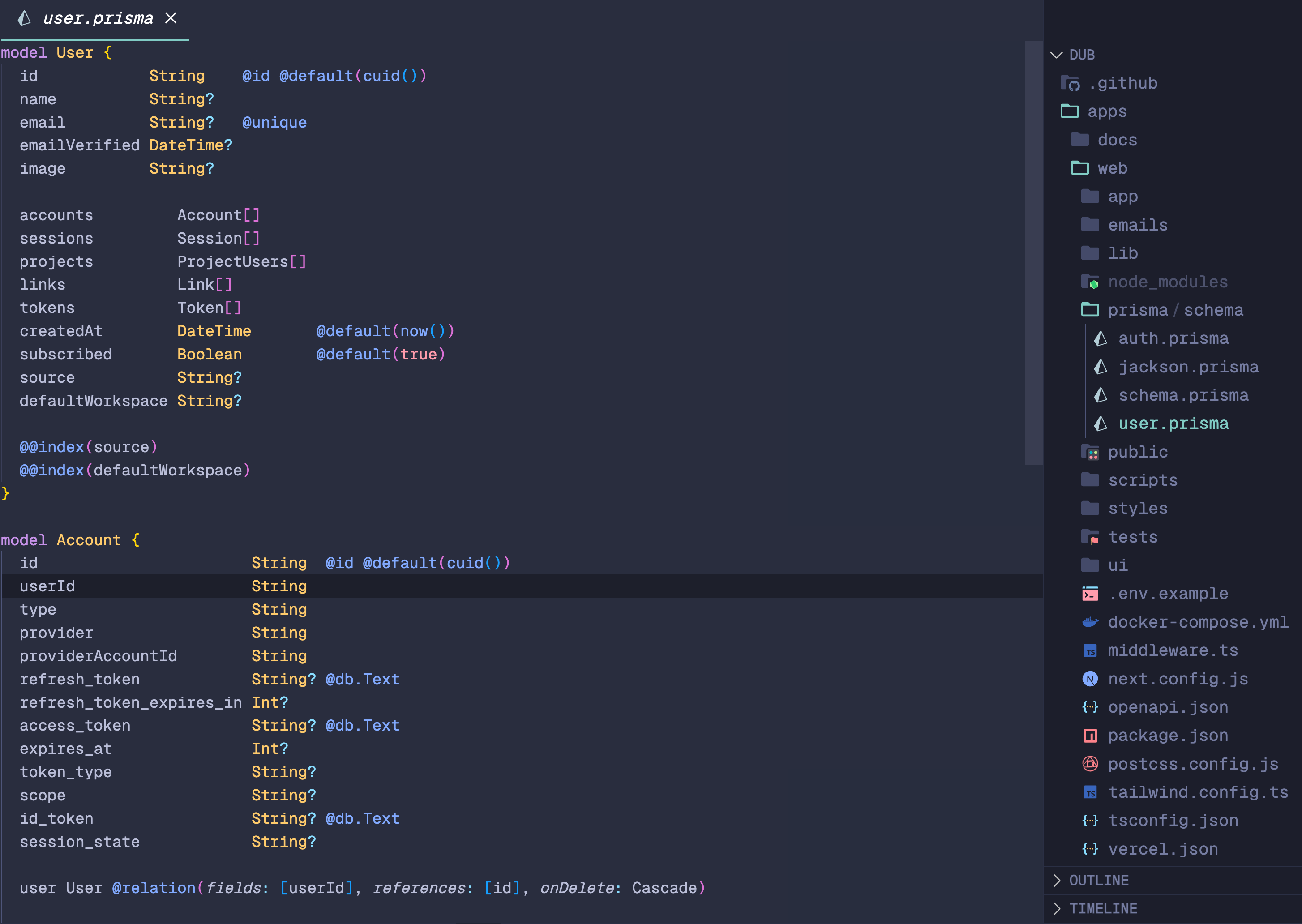 An image of Visual Studio Code showing multiple .prisma files in a schema sub-directory of the prisma directory.