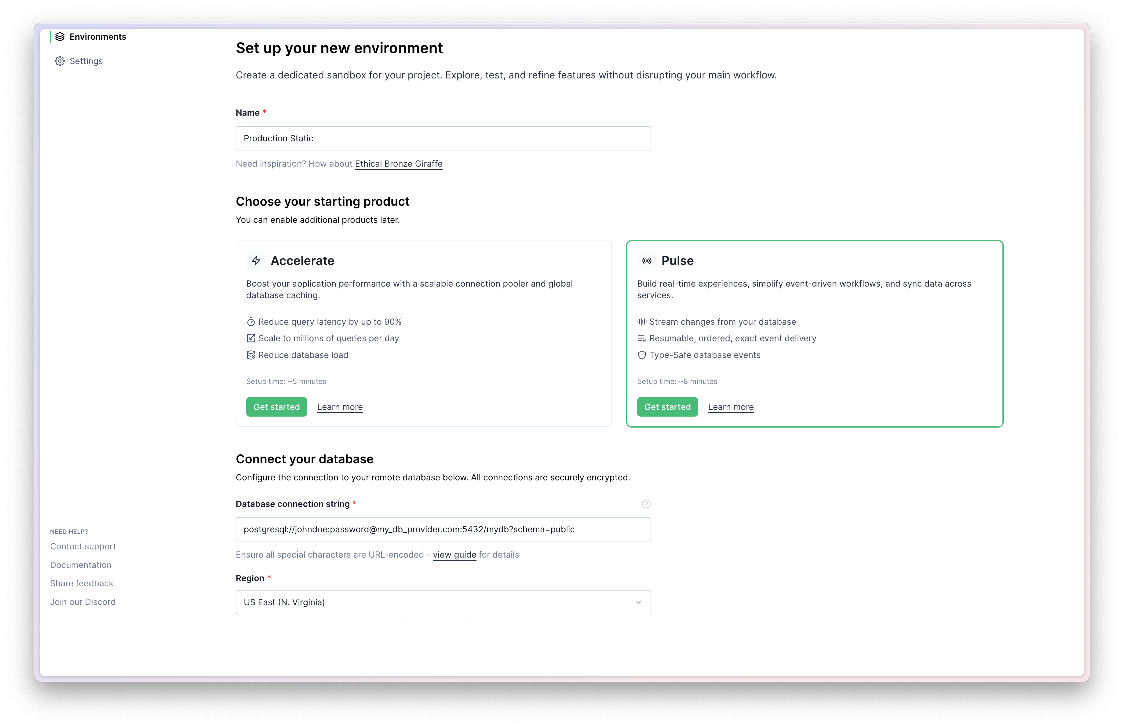 An image showing the new environment page in the Prisma Data Platform