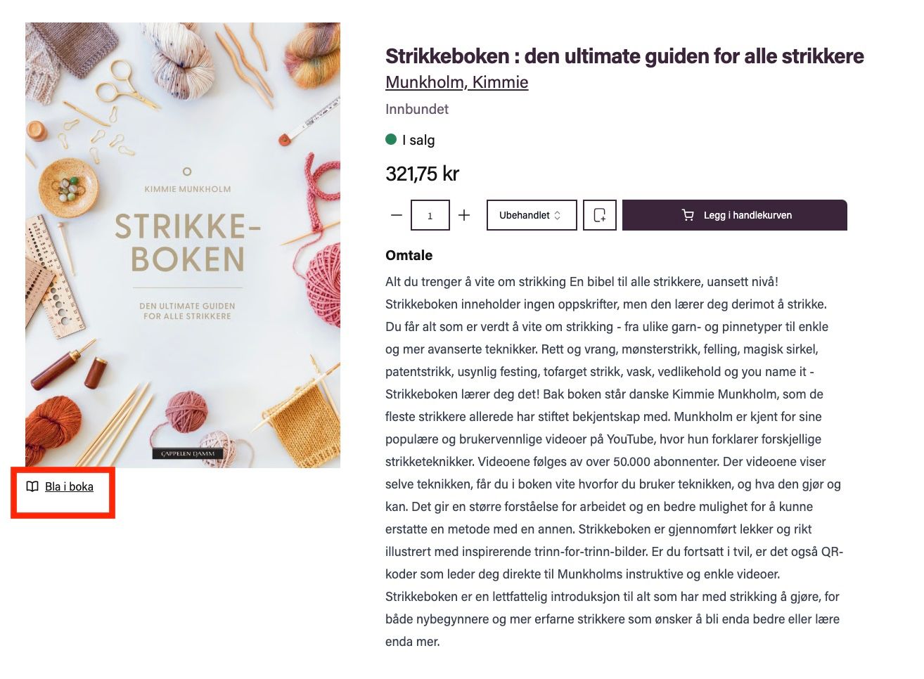 a screenshot of a website showing a book titled strikkeboken : den ultimate guiden for alle strikkere .