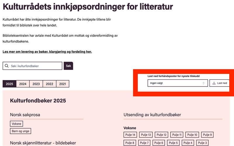 Kulturfondsidene med mulighet for å laste ned forhåndsposter markert