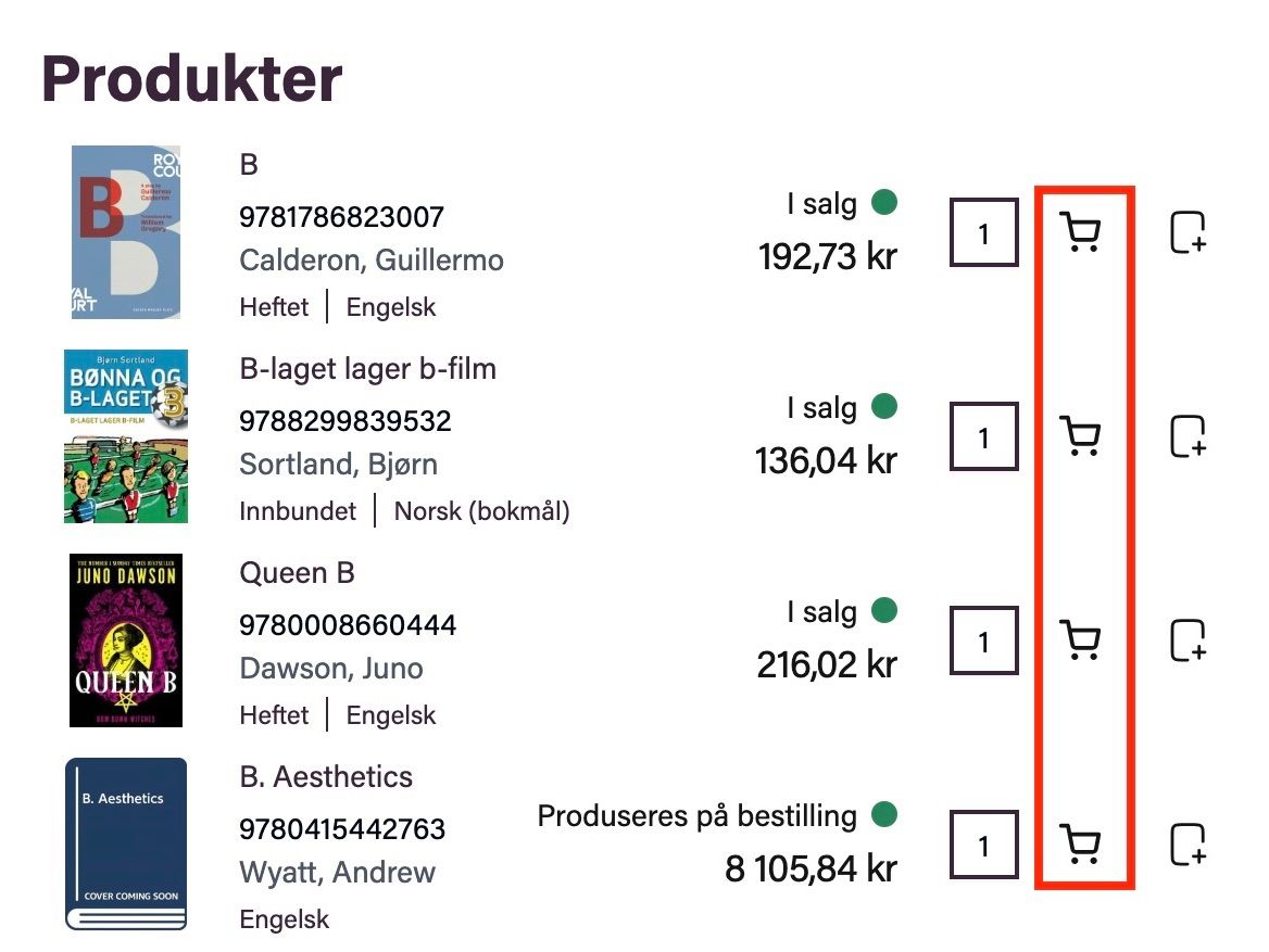 Skjermdump fra bibliotekenes.no som viser et søkeresultat der handlekurv er rammet inn