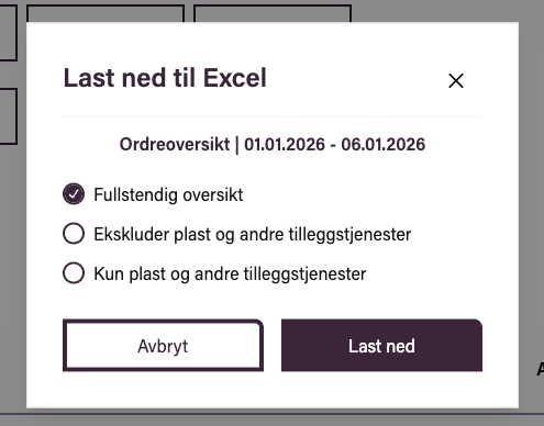 Norsk dialogboks med tittelen «Last ned til Excel» med alternativer for fullstendig oversikt (valgte), ekskludering av tjenester eller kun inkludering av tjenester, samt knapper for «Avbryt» og «Last ned».