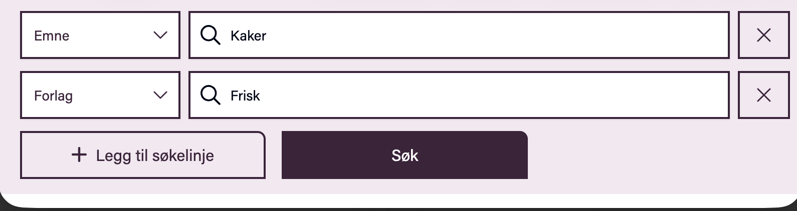 Et søkeskjema med to aktive filterrader. Den første raden for 'Emne' er satt til 'Kaker', og den andre for 'Forlag' er satt til 'Frisk'. Nedenfor er knapper merket 'Legg til søkelinje' og 'Søk'.