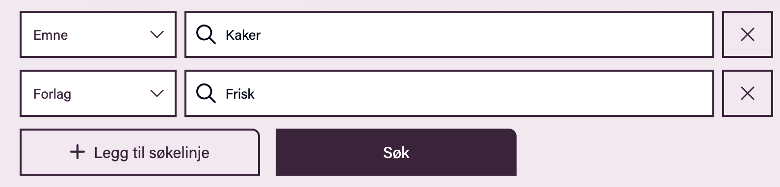 Et søkeskjema med to aktive filterrader. Den første raden for 'Emne' er satt til 'Kaker', og den andre for 'Forlag' er satt til 'Frisk'. Nedenfor er knapper merket 'Legg til søkelinje' og 'Søk'.