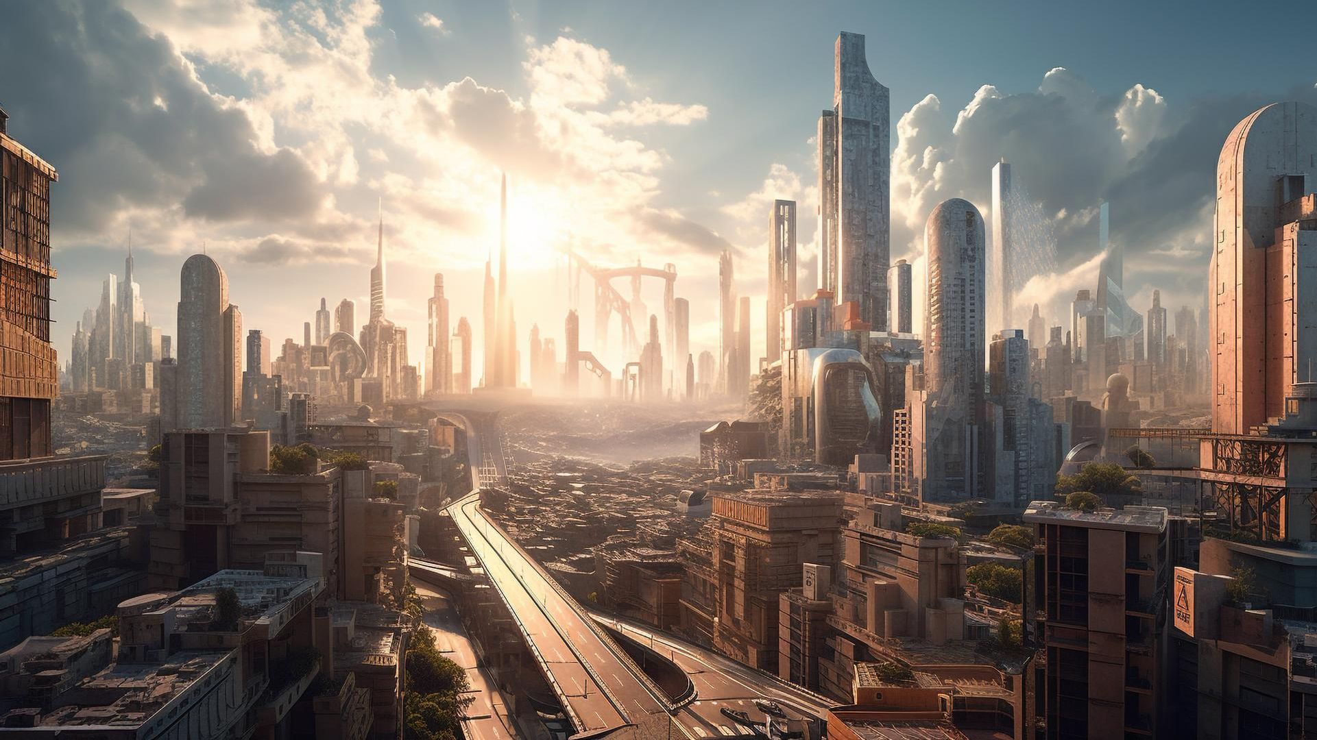En futuristisk by i soloppgang