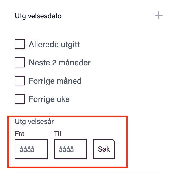 Filter for utgivelsesdato og -år med avmerkingsbokser for perioder og felt for inntasting av årstall «fra/til», pluss en søkeknapp.