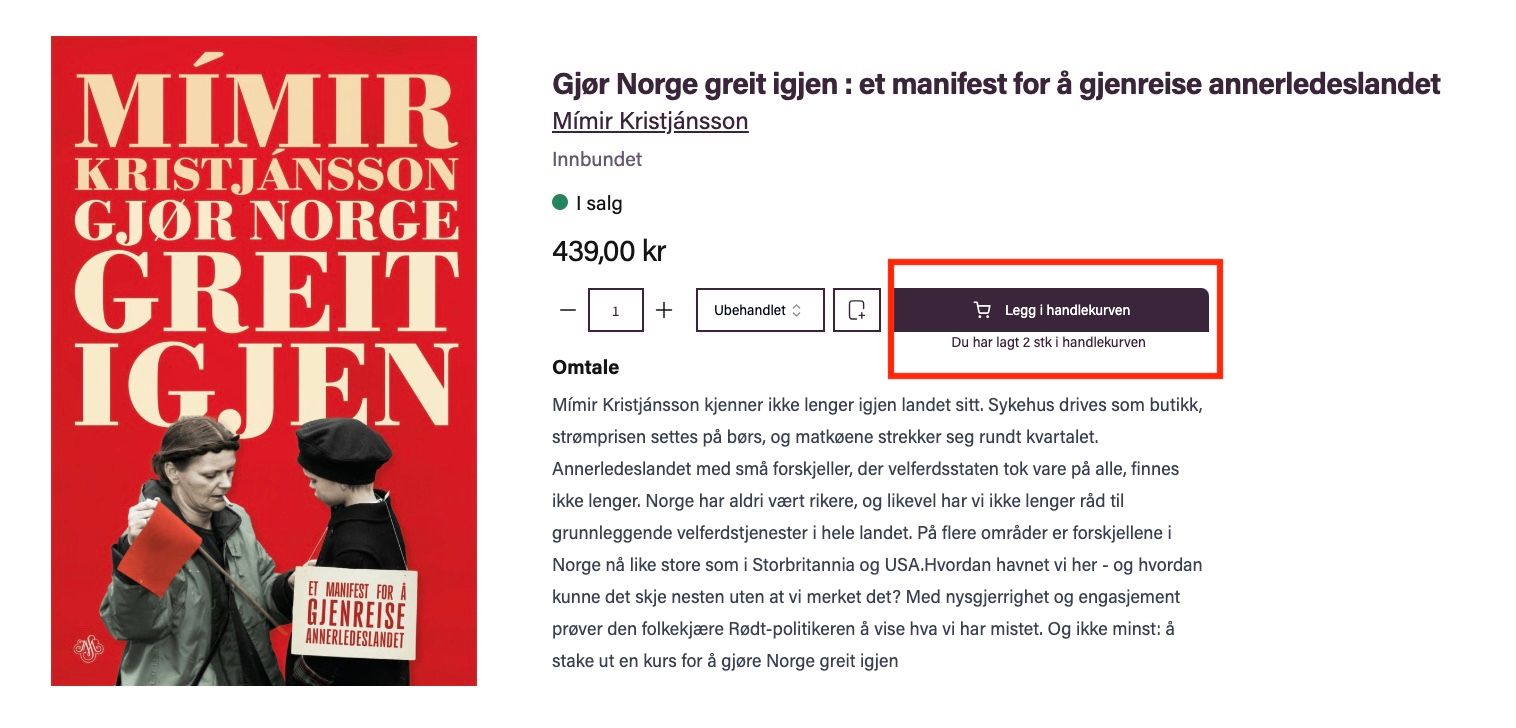 Skjermdump fra bibliotekenes.no som viser beskjed under handlekurvsknappen om boka allerede ligger i handlekurv