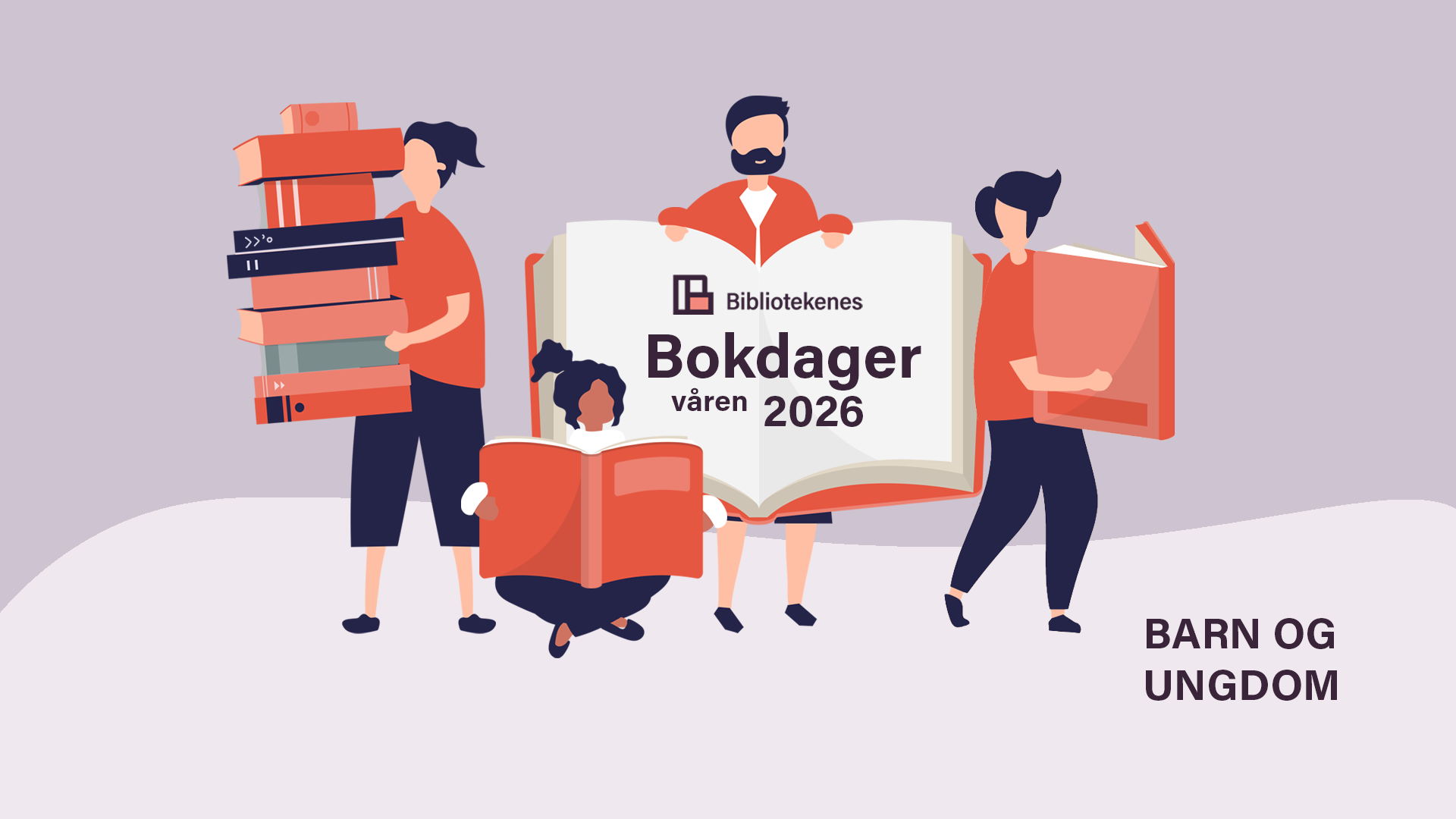 Illustrasjon av mennesker med bøker med teksten 'Bibliotkenes Bokdager våren 2026' barn og ungdom 