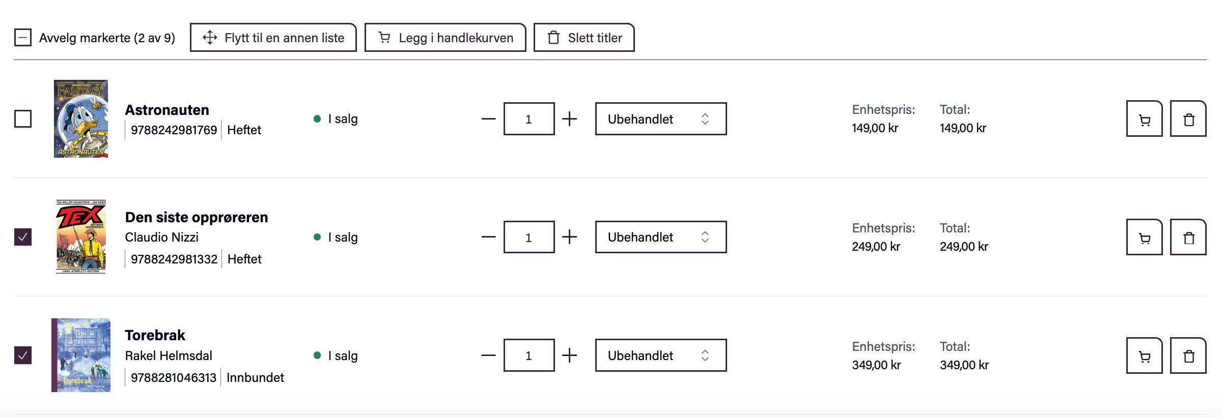 En huskeliste som viser tre bøker med muligheter til blant å fjerne dem eller flytte dem til andre huskelister