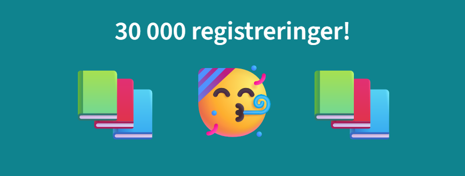 Text "30 000 registreringer!" with a celebratory emoji and stacks of colorful books.