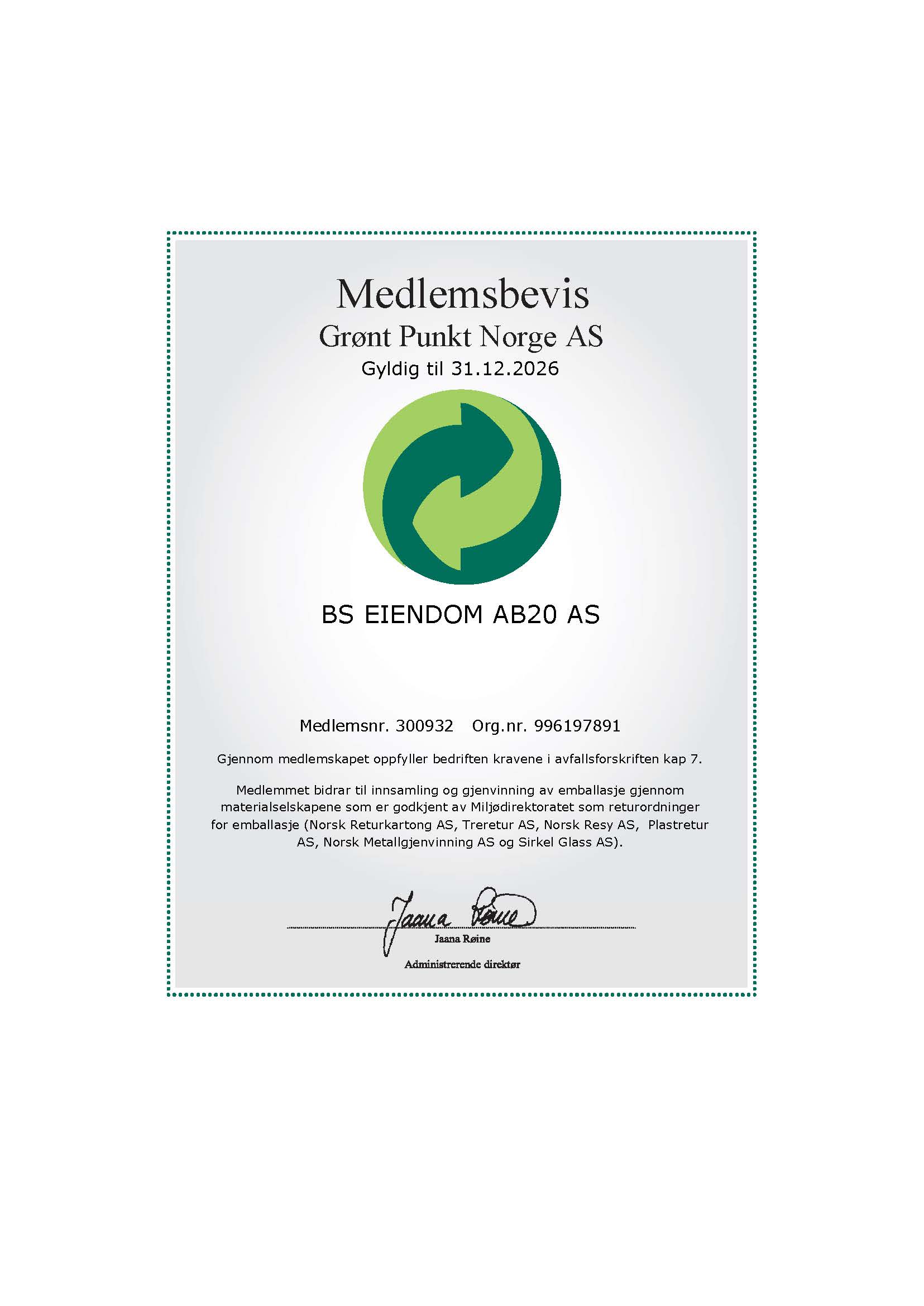 Medlemsbevis for Grønt Punkt Norge AS for BS EIENDOM AB20 AS gyldig til 31.12.26