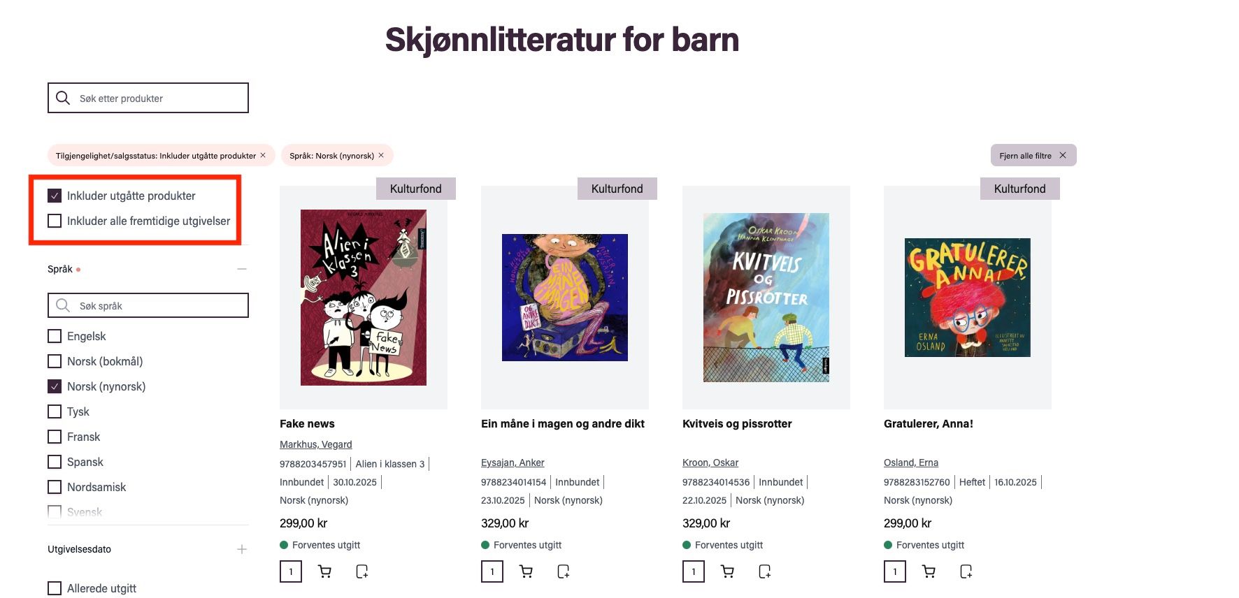 Skjermbilde fra bibliotekenes.no som viser hvordan du kan inkludere utgåtte produkter i søkeresultatet