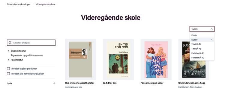 En nettside for grunnstammekatalogen for videregående skole, som viser bokomslag, søke- og filteralternativer og en sorteringsrullegardin satt til «Nyeste»