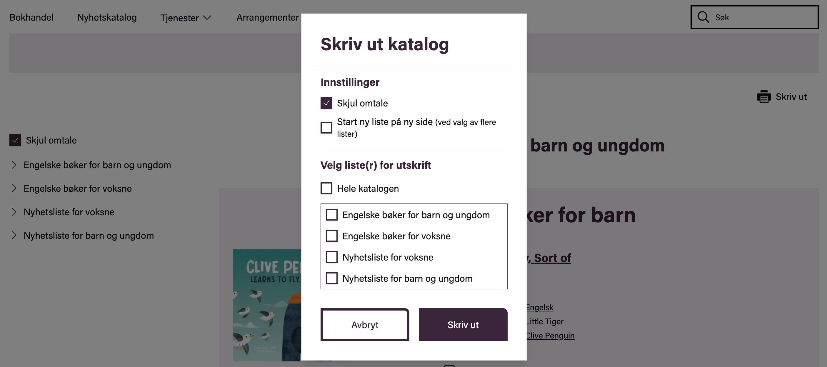Viser screenshot fra bibliotekenes.no der du skriver ut en liste fra katalogen