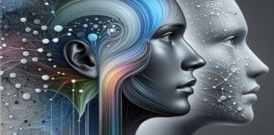 KI-generert illustrasjon av menneskehoder med nevrale nettverk.