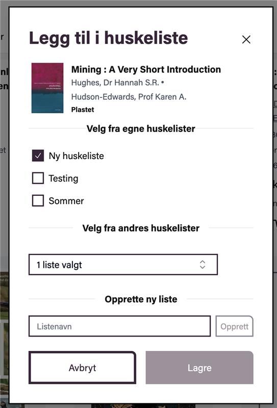 Skjermdump fra bibliotekenes.no som viser funksjonen Legg til i huskeliste