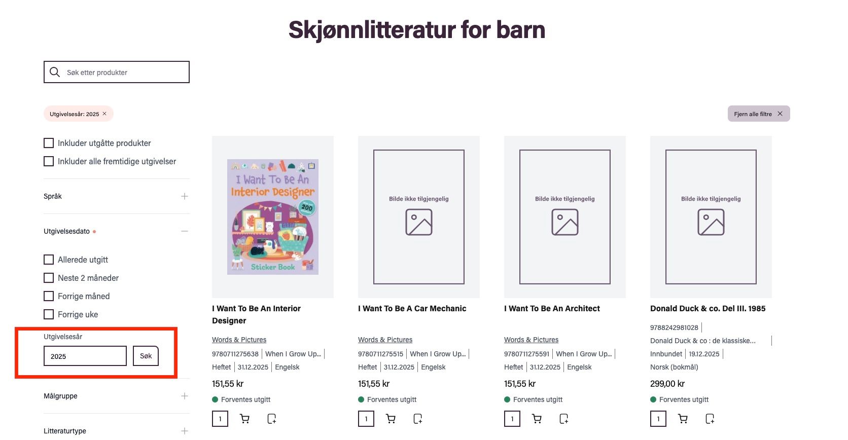 Skjermbilde fra bibliotekenes.no som viser hvor du filterer på årstall