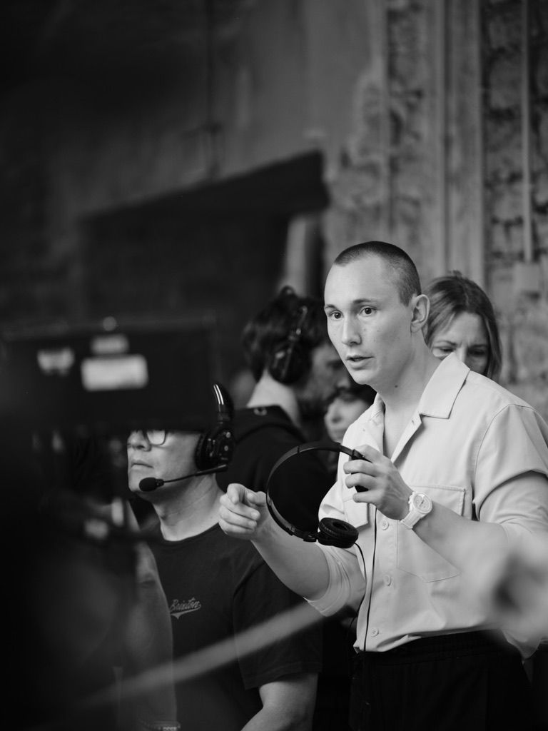 Director Daniel Liden on set for Polestar 5 walkaround with Alexander Skarsgård
