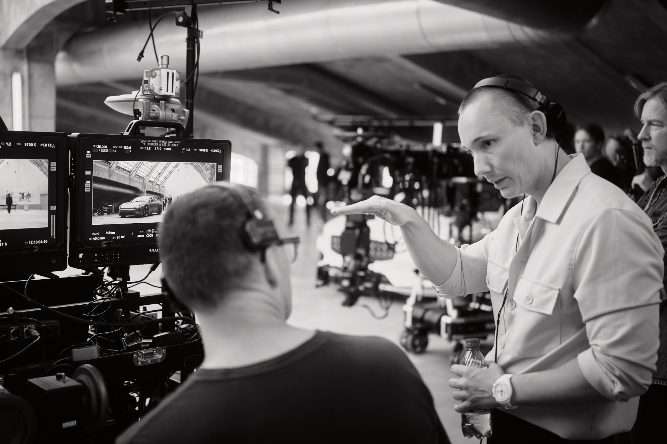 Director Daniel Liden and DOP Johan Palm on set for Polestar 5 Walkaround with Alexander Skarsgård