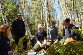 Five people gathered to work on planting a tree and setting up wildlife cameras