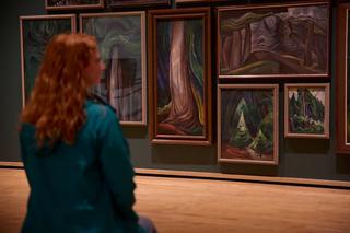 Person sits on a bench looking at Emily Carr artwork