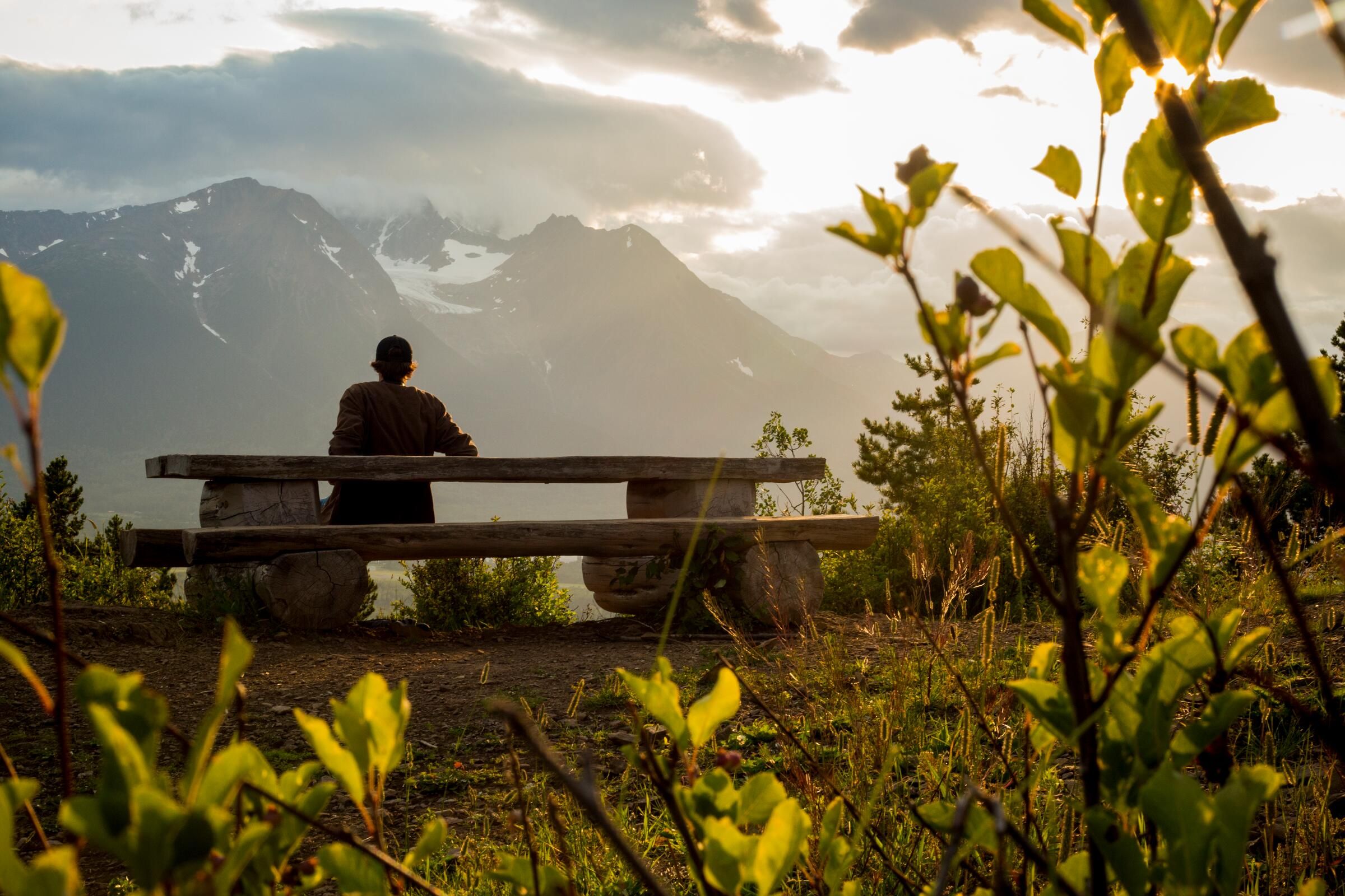 A person sits on a bench underneath a setting sun