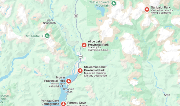 The map shows the local parks that Lynn’s large family access regularly, including Porteau Cove, Murrin, Stawamus Chief, Alice Lake, and Garibaldi.  
