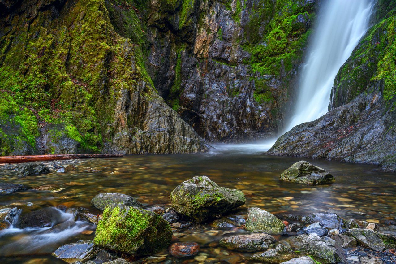 Waterfall cascading down a moss-covered rocky cliff into a clear, shallow pool with scattered stones and a fallen log in a forest.