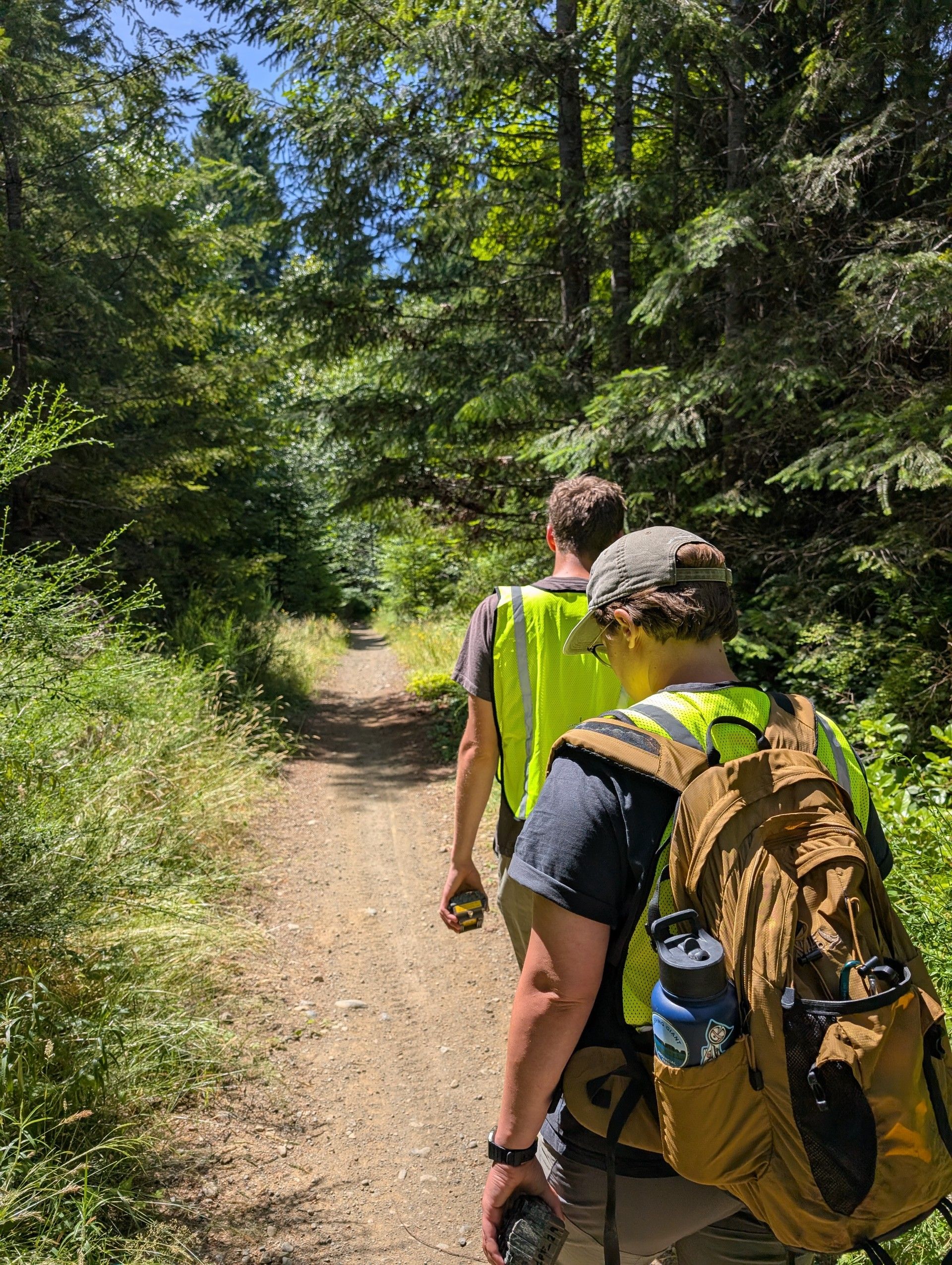 Members of the Courtenay Youth Climate Corps Maddie and Jesse hike the path into Morrison Creek Headwaters.  
