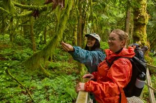 A Discover Parks Ambassador inspects tree moss with a park visitor