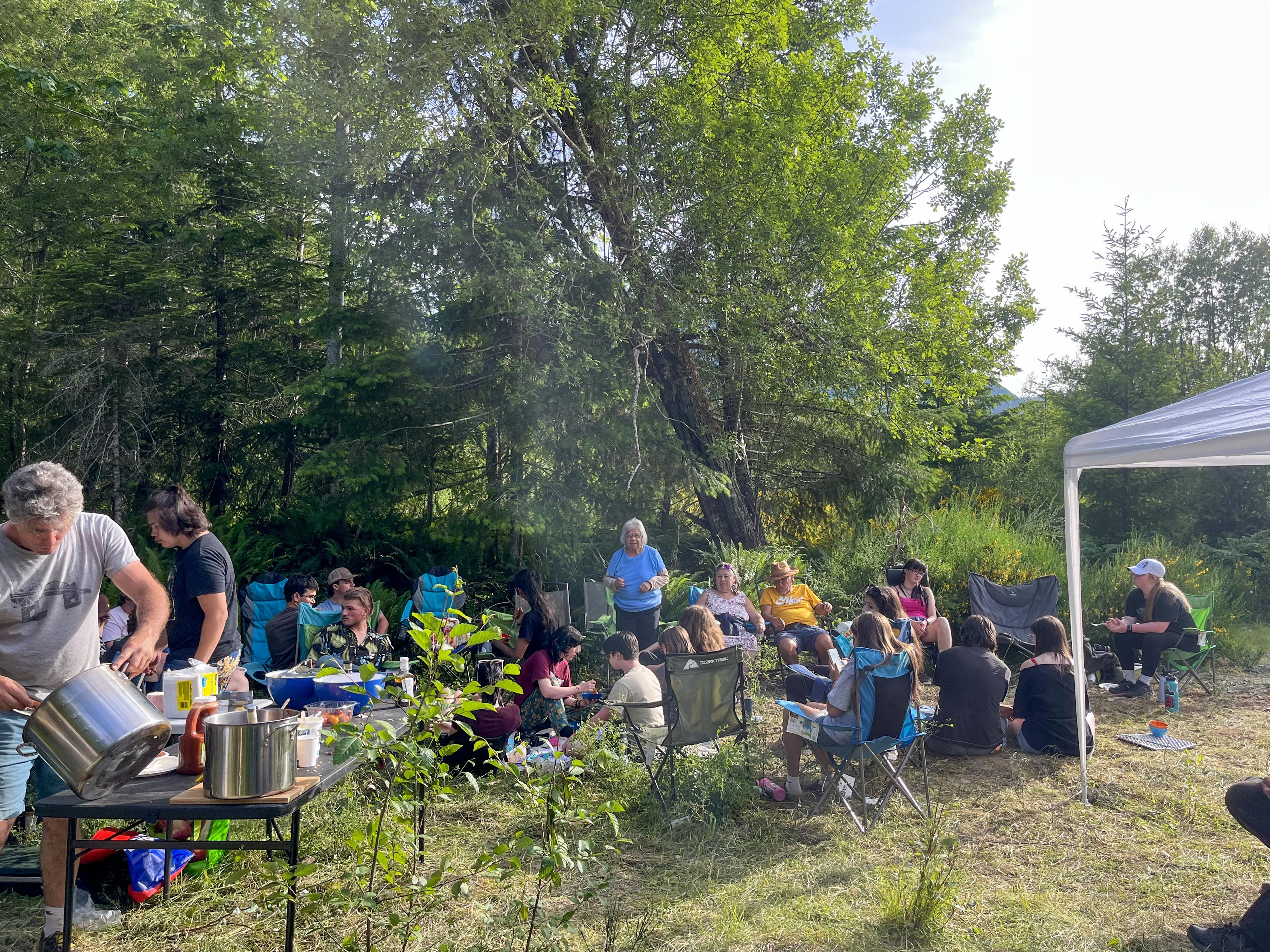 Silaat Linda Modeste, Thuitseye Pamela Bourque, and Qwiyahwultu-hw Robert George welcome students and share cultural teachings.