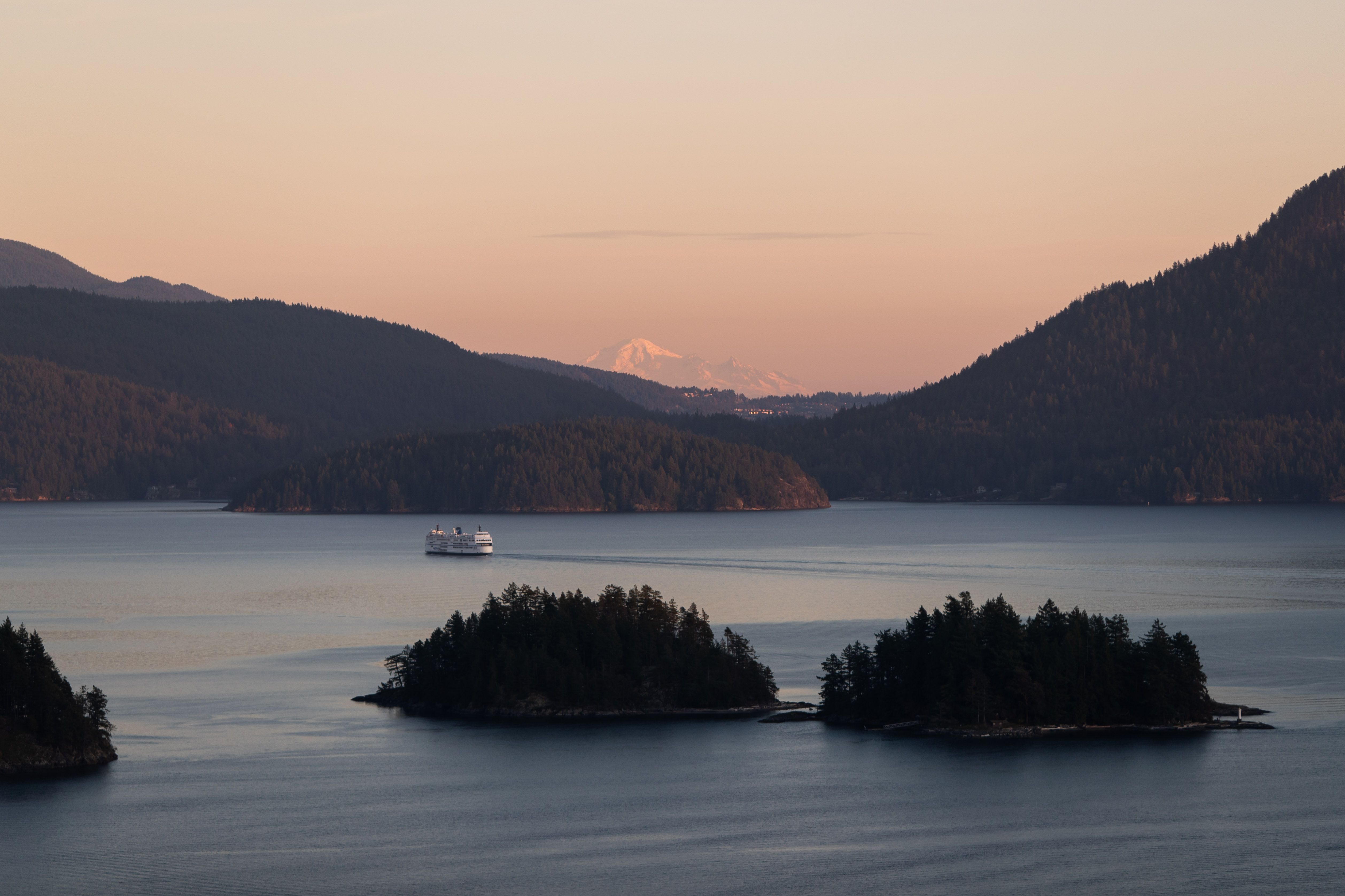 A wide shot of several islands on BC's water