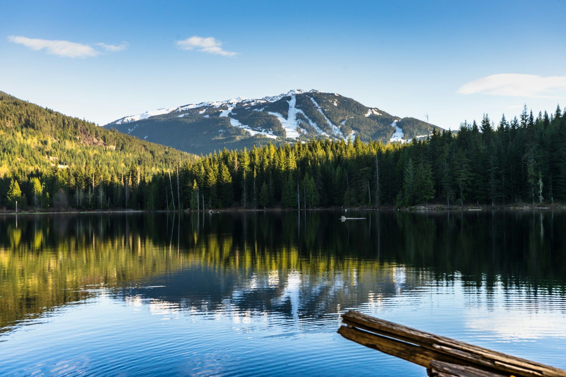 Snow-capped mountain reflected on a calm lake surrounded by evergreen forest under a clear blue sky.